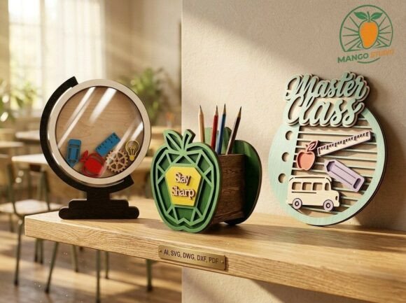 3D School Desk Decor Bundle for Laser Cutting & Home Decor