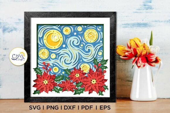 3D Stary Night Poinsettia Shadow Box SVG for Christmas Branding