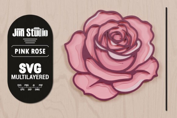 3D SVG Pink Rose Multilayered Papercut for Crafts and Graphics