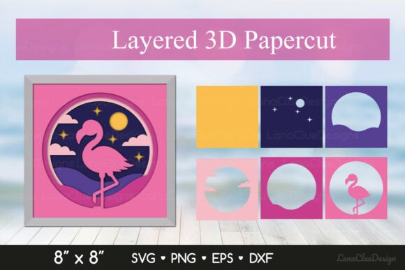 Layered Night Flamingo 3D Shadow Box SVG for Editorial Design