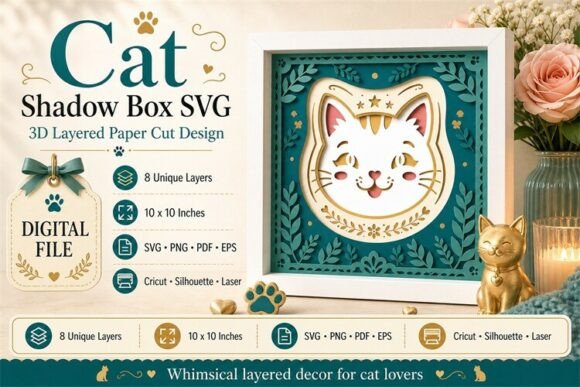 Whimsical 3D SVG Shadow Box for Feline-Themed Creations